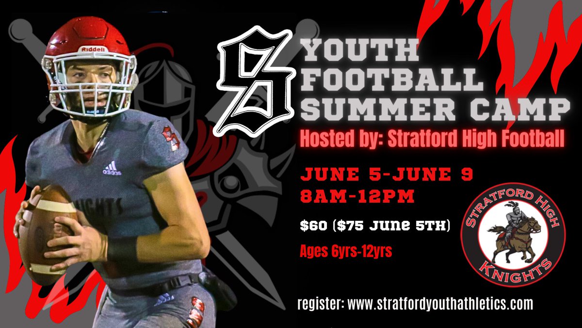 Stratford Youth Athletics (@stratfordyouth1) on Twitter photo Spots filling up fast for the upcoming Youth Football Camp hosted by <a href="/SHSKnightsFB/">Stratford Football</a> You do not have to be zoned for Stratford to attend this camp! Register today to guarantee your t-shirt. Snacks will be provided. stratfordyouthathletics.com/.../registrant… Spots filling up fast for the upcoming Youth Football Camp hosted by <a href="/SHSKnightsFB/">Stratford Football</a> You do not have to be zoned for Stratford to attend this camp! Register today to guarantee your t-shirt. Snacks will be provided. stratfordyouthathletics.com/.../registrant…