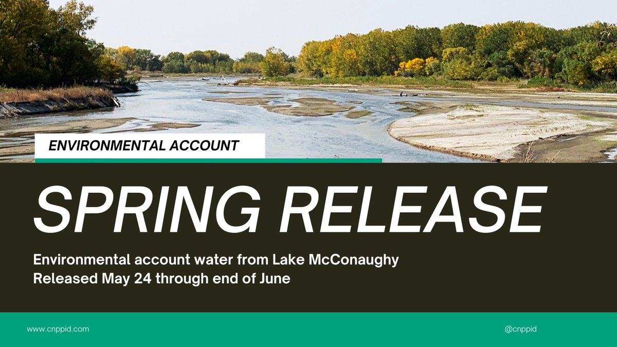 US Fish & Wildlife Services in coordination with the Platte River Recovery Implementation Program is releasing Environmental Account water out of Lake McConaughy May 24 through the end of June.  
Currently 100% of the water being released out of Lake McConaughy is EA water -