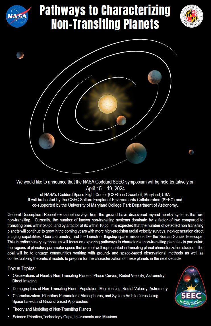 Save the date! April 15-19, 2024. 'Pathways to Characterizing Non-transiting Planets' at NASA Goddard, in association with U. Maryland!