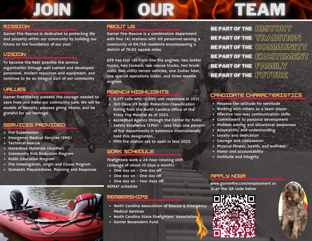 We're hiring!!  Yes, Garner Fire Rescue is looking for a few good men and women to join our amazing team!  Take a look at the video, the attached information and learn more and submit your application at  garnerfire.com/employment/
We look forward to hearing from you!