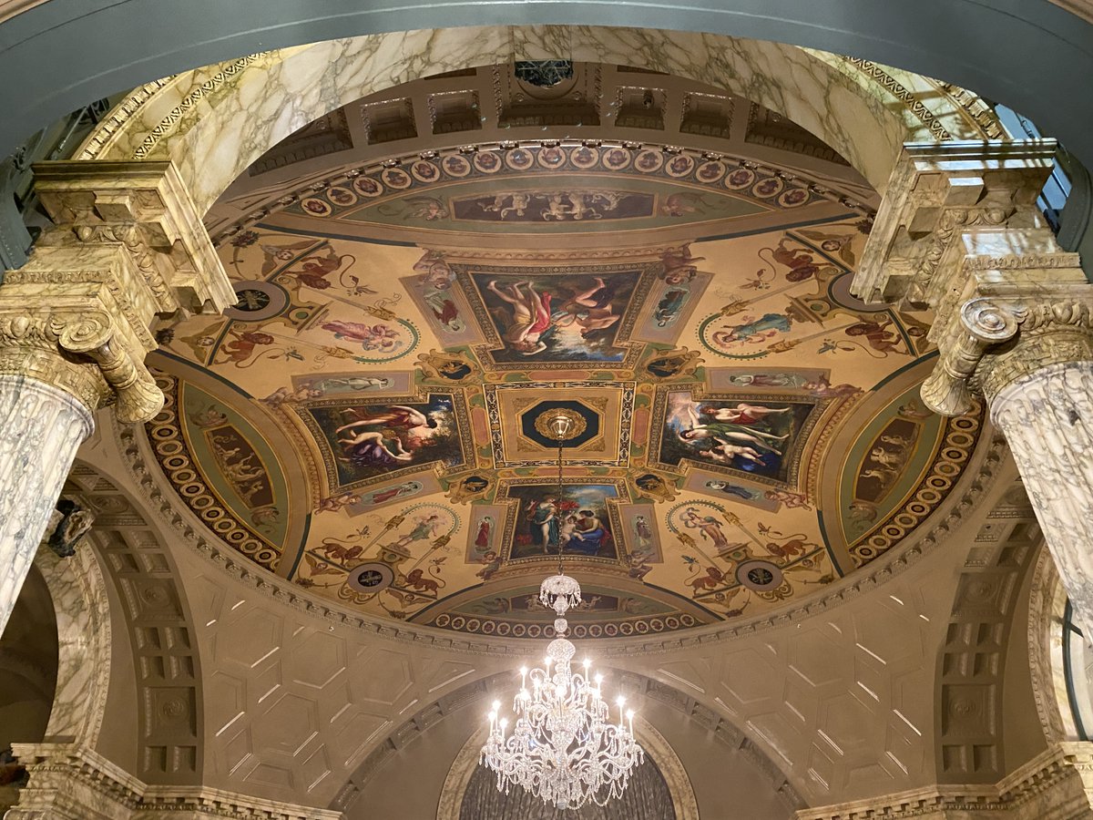 JohnCanningCo's tweet photo. The #Murals at the Old Steinway Building in #NewYorkCity had suffered from years of neglect & displayed signs of failure, such as the #Craquelure in our previous post. We performed the conservation of the #Artwork in the rotunda; the #Restored space is pictured here. https://t.co/9WeZUMNigV