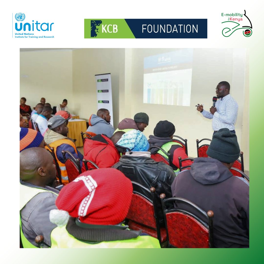 UNITAR's tweet photo. The first cohort of E-2W drivers, supported by #UNITAR and @KCBGroup, kick-start their 'My Bike, My Environment' training. This initiative in #Kenya promotes #emobility for a sustainable environment, livelihoods, and community safety. https://t.co/4tYSvi0NMh