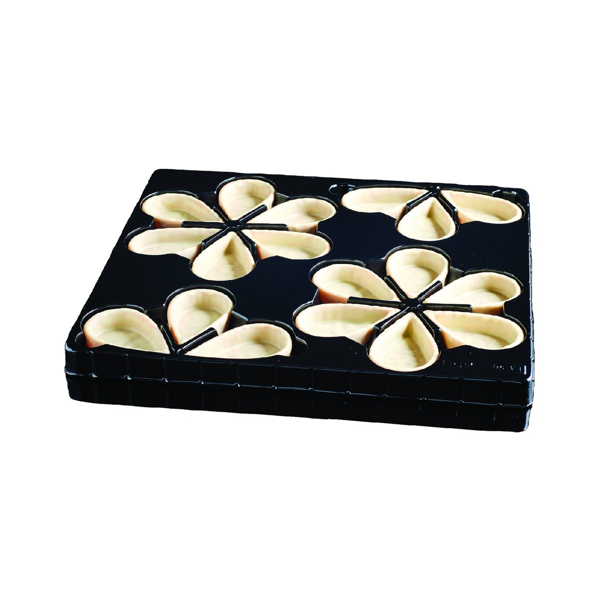 This Vanilla Petal Tart Shell comes in a crunchy texture and is well-coated with couverture on the inside. The base remains crisp and crunchy even when placed on frozen display racks. #larosenoire #couverture #petalstartshells #vanilla #milkchocolate #darkchocolate #innovation