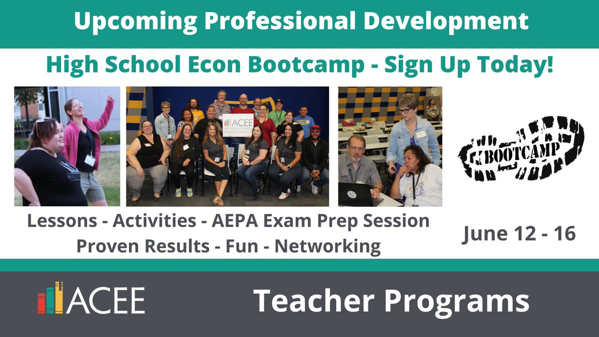 AzCouncilEconEd's tweet photo. HS Teachers - Don't miss Econ Bootcamp! Get lessons &amp; activities that will help you deliver engaging lessons to your students. June 12 - 16.  Scholarships available &amp; lodging expense assistance may be available.  45 hours of PD credit.  https://t.co/zCoJaKavLk https://t.co/yDROFVbutA