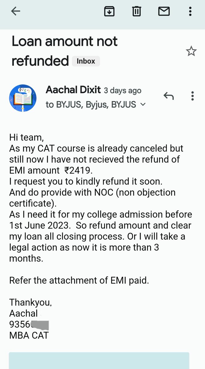 Frustrated from byjus. My course was already canceled 2months before but still I don't receive My EMI and NOC. I don't know why this coaching waste our time and money. I want this to be done as I required it for my college admission. But after many complains too they didn't reply