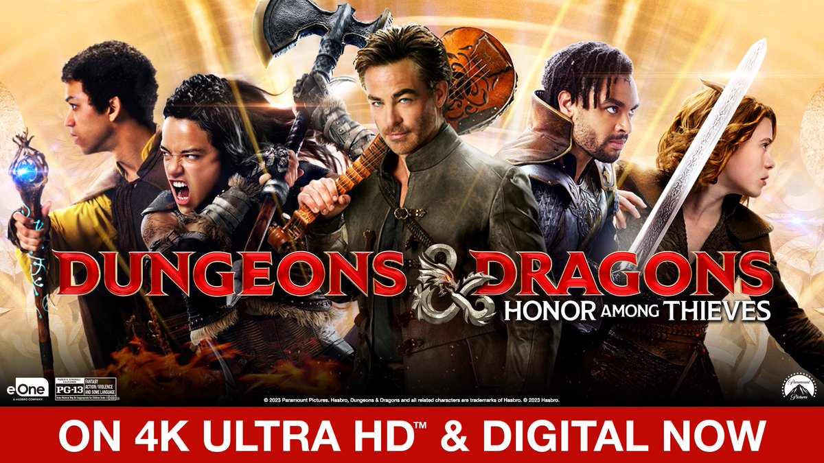 JesseJamesComic's tweet photo. Bring home #DungeonsAndDragons: #HonorAmongThieves on 4K Ultra HD today! #ChrisPine and #MichelleRodriguez star in this hilarious and action-packed adventure. Buy it on 4K Ultra HD and get over an hour of bonus content. Rated PG-13. From #ParamountPictures. https://t.co/OET2W8ZLHU