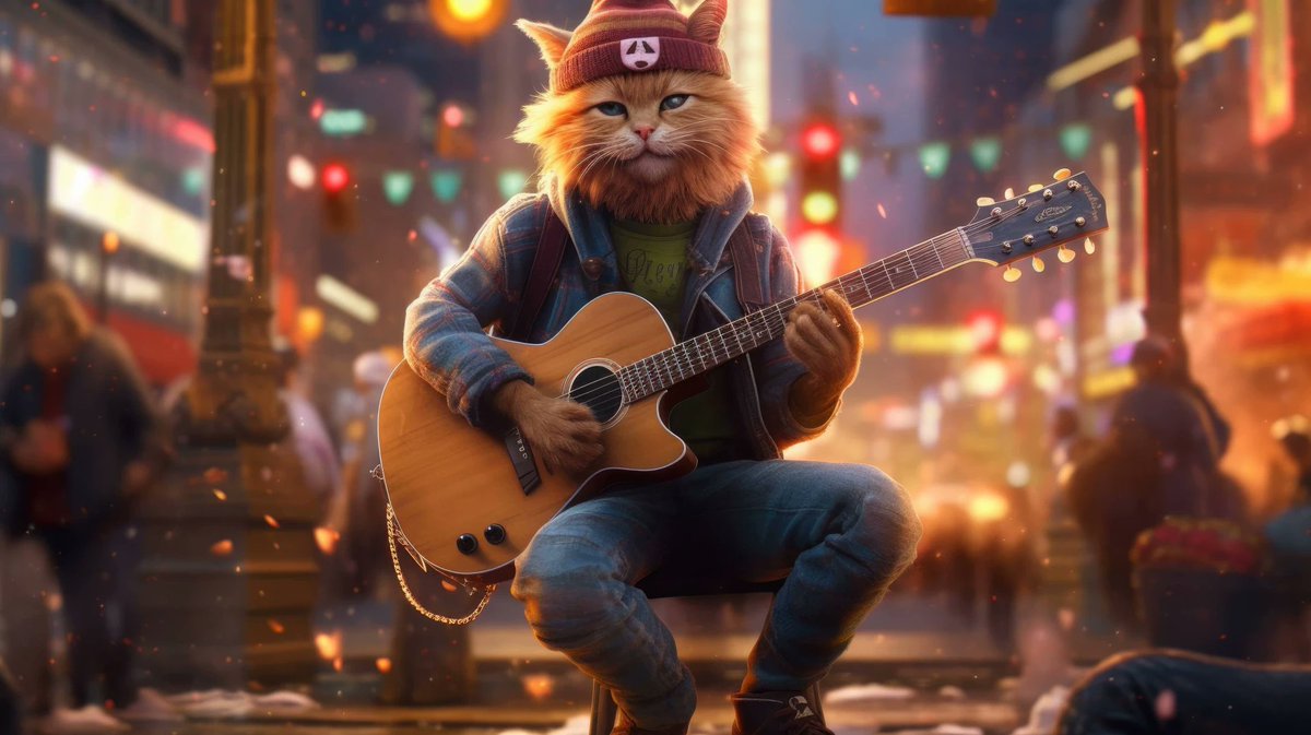 A 4K ultra hd wallpaper of a hipster cat wearing a beanie, plaid shirt, and skinny jeans, playing a guitar in a vibrant street scene where other animals are dressed in eclectic and trendy clothing
 #Guitar #Musicalinstrument #Cartoon #Concert #Toy
 Download links on the comments