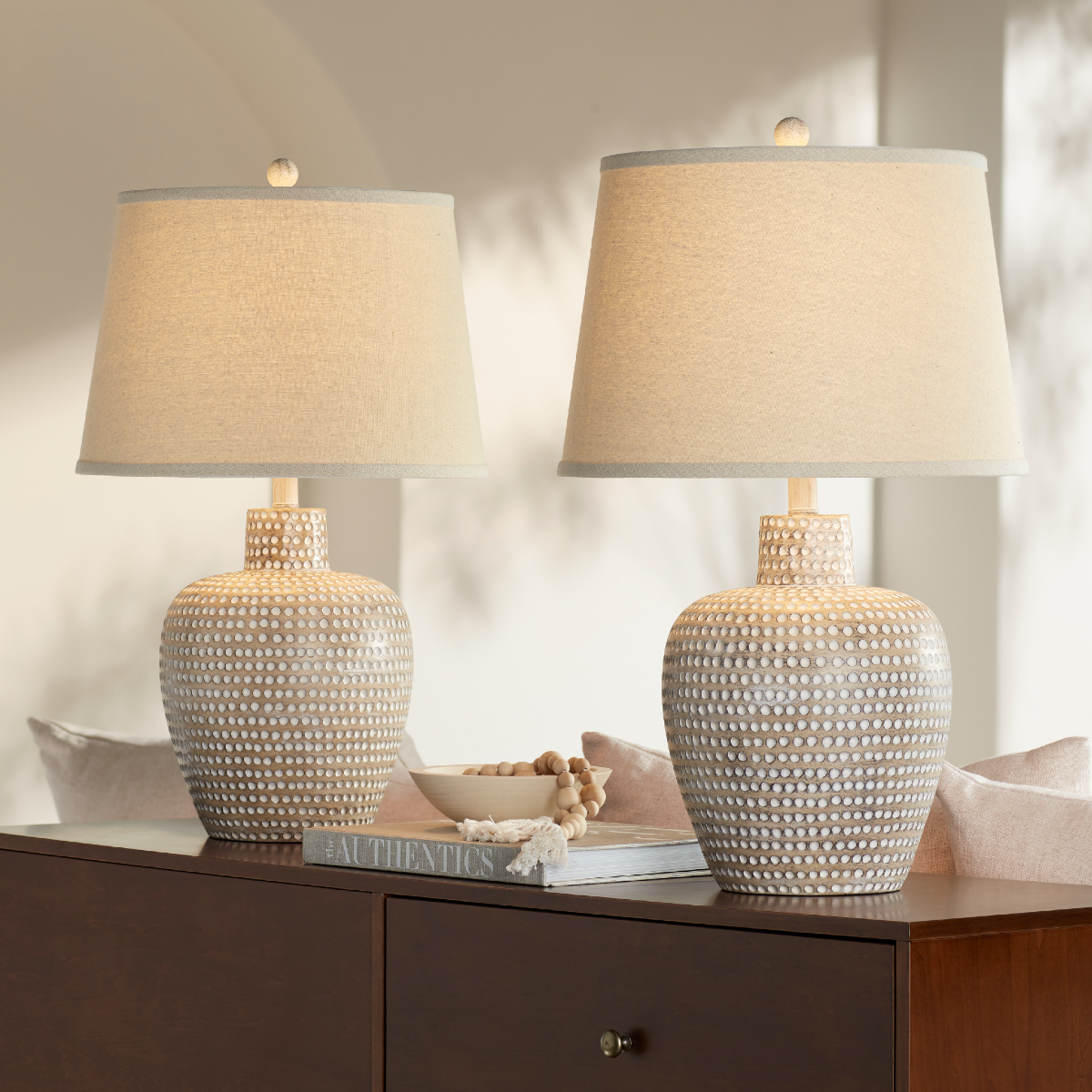 On the ‘Most Popular’ list: Glenn Table Lamps, Set of 2 (88M09) 💕 Perfect in any neutral, rustic Southwest, or cabin lodge space. #myLampsPlus #TwoforTuesday

Shop table lamps sets: bit.ly/3CkPriW

#TableLamps #TableLampSet #PotTableLamp #TableLamp #Beige #HomeLighting