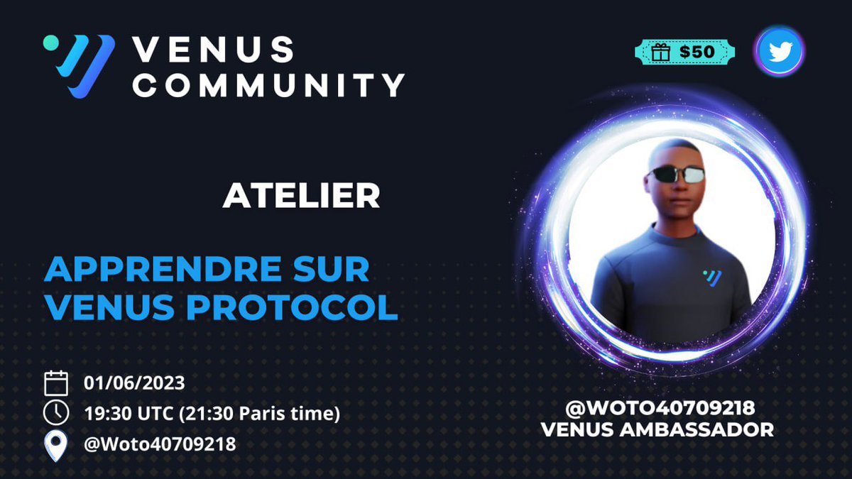Wotodg's tweet photo. 1/
Hello l’équipe 👋
J’espère que vous allez bien .

📌 Dans l’objectif de toujours éduquer notre communauté, Nous vous proposons un space sur Twitter  ce jeudi 01/06/2023 pour tout comprendre sur @VenusProtocol 
@Venus_Community https://t.co/Qjk2PzKJW9