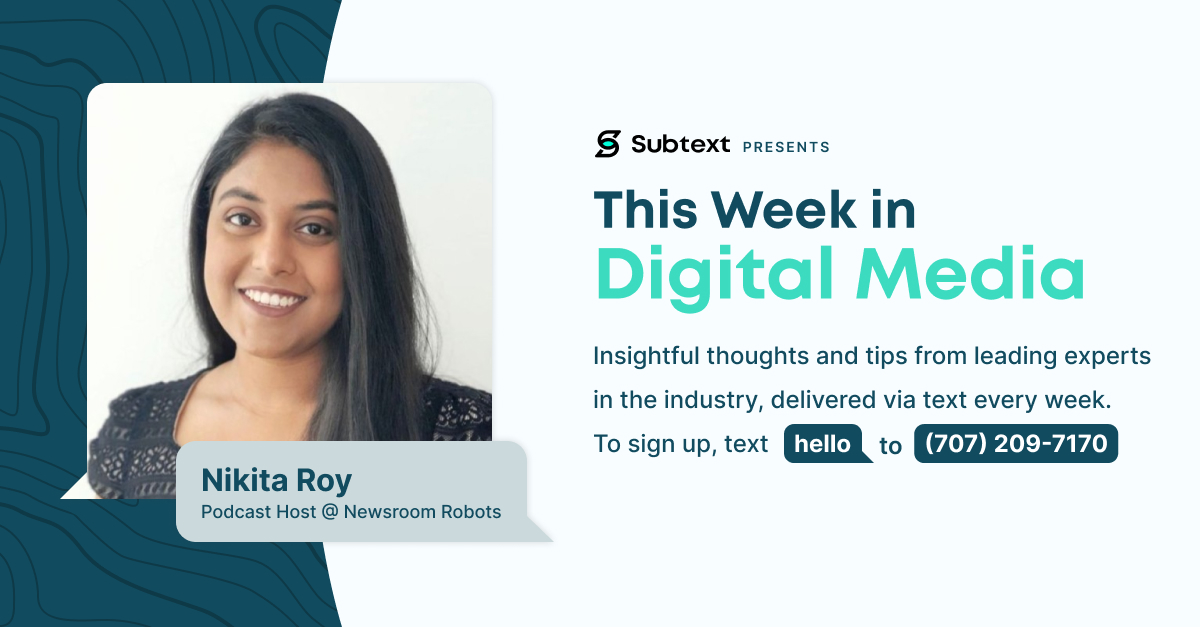 This week our host is @bynikitaroy, host of @newsroomrobots and the founder of @thenrination, a digital news media company built out of Harvard Innovation Labs that does journalism for and about the Indian diaspora. 
Join the conversation: hubs.ly/Q01Rp0dK0