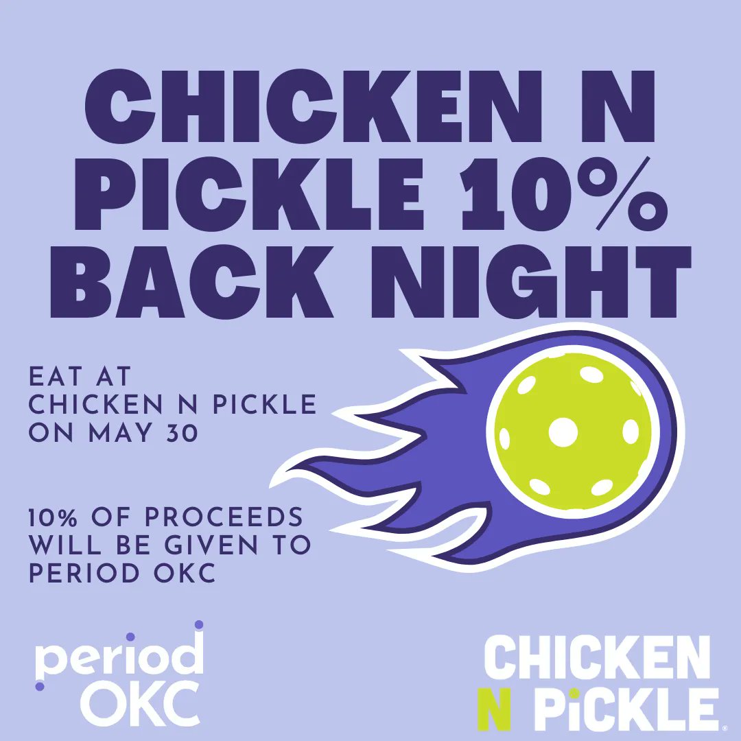 OkcPeriod's tweet photo. Eat at Chicken &amp; Pickle today and 10% of proceeds will be given to Period OKC! https://t.co/LdwjEF5RCM