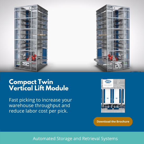 Need fast picking to increase your warehouse throughput and reduce labor cost per pick? Download the brochure for the Compact Twin hubs.ly/Q01P_m_-0 #VLM #verticalstorage #automatedstoragesystems