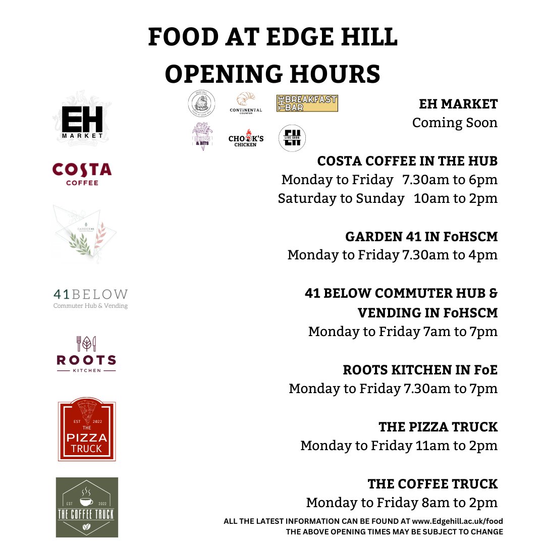 foodedgehill's tweet photo. We are still here!
We are currently going through a brand new refurb in The Hub. All other outlets will be open throughout the rest of term &amp; summer. Here are our most recent opening times. Please be advised times may change so keep a look out at our socials. https://t.co/pvE4mefpXI