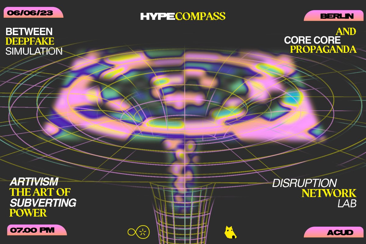 🗓️SAVE THE DATE: 
In our upcoming #workshop "Between Deepfake-Simulation and #CoreCore Propaganda", hosted by @acudmachtneu and organized by <a href="/disruptberlin/">Disruption Network Lab</a>, we will use collective imagination as tool to reclaim alternative futures.
 
➡️Register now: 
disruptionlab.org/event/hypecomp…