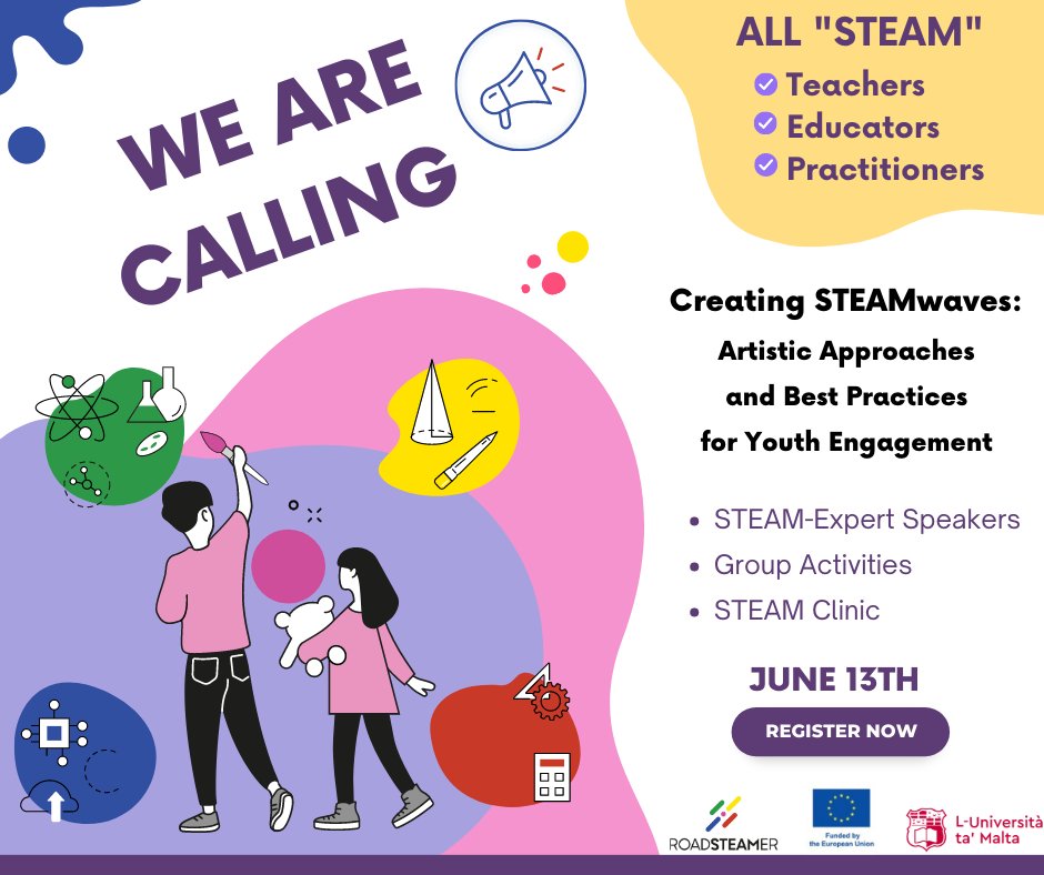 Calling all #educators, #teachers, and practitioners in #Malta! Join us for the Road-STEAMer Co-Creation #workshop. Creating STEAMwaves – Artistic Approaches and Best Practices for Youth Engagement #STEAM #STEM #Ecsite23 road-steamer.eu/2023/05/30/an-…