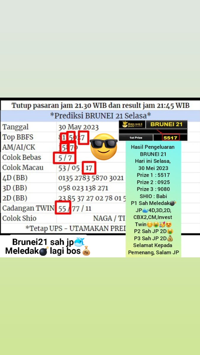 Masterdemian88's tweet photo. Result Brunei 21, Selasa 30 Mei 2023 

Selamat Untuk yang Berhasil JP

Info Result dan Prediksi Setiap Hari WA 081224902638 

#resultbrunei #MSDhoni𓃵 #ออฟกัน #Succession #วอลเลย์บอลหญิง #MasterChef #dolar #CSKvGT #abvote #IPL2023Final #ไม่ไหวบอกแบรนด์xGF #brunei21 https://t.co/D94s4hs6oJ
