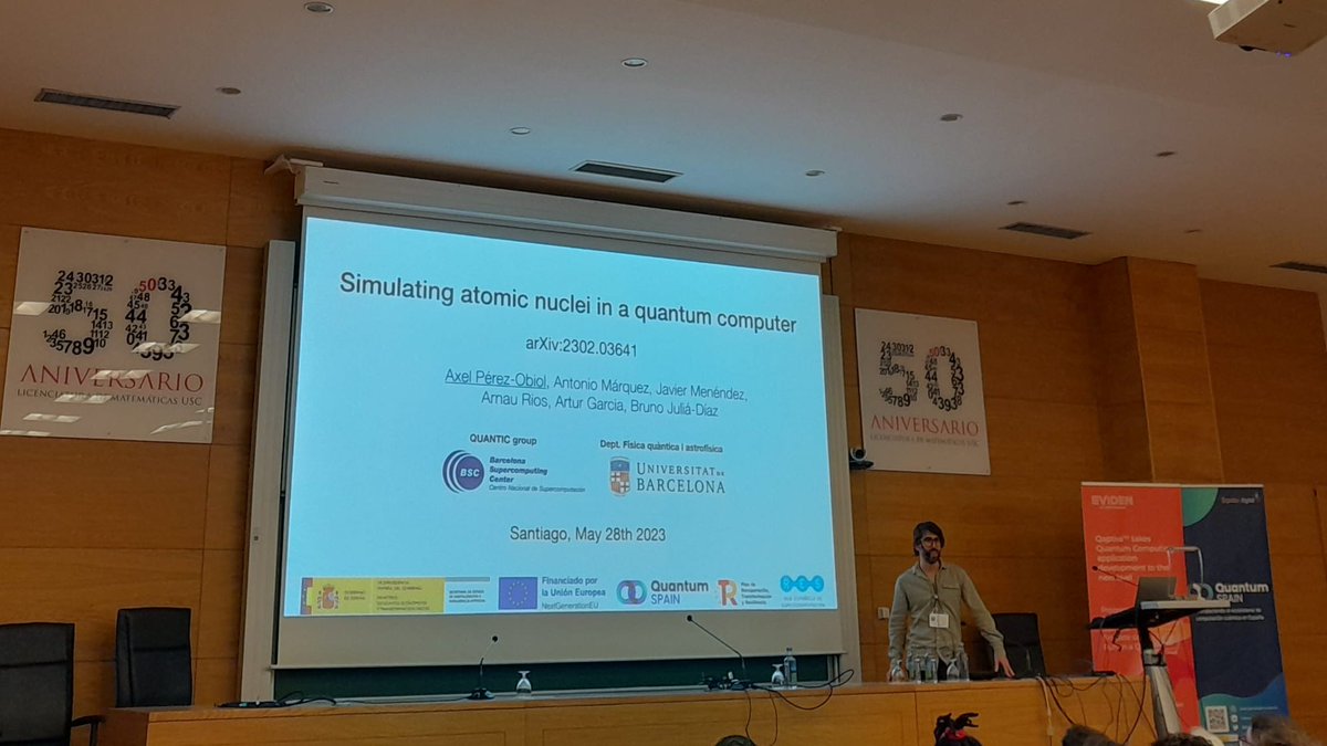 Now our Quantic researcher Axel Pérez-Obiol is presenting "Simulations of atomic nuclei on a digital quantum computer" based on the recent preprint 📝 arxiv.org/abs/2302.03641 #ICE8
<a href="/BSC_CNS/">BSC-CNS</a> 
<a href="/QuantumSpain_ES/">Quantum Spain</a> 
<a href="/CESGA_/">CESGA</a> 
<a href="/UniversidadeUSC/">USC</a>