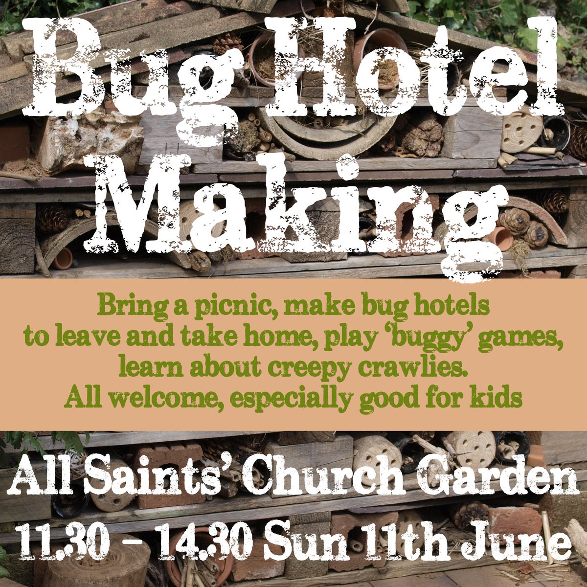 As part of SustFest, we are holding a BUG HOTEL MAKING event 11.30-14.30, 11 Jun
Open to all, esp good for kids
We'll make a big bug hotel for the church & little ones to take home, play fun games, activities, and learn about the wonderful creepy creatures! 
Bring a picnic