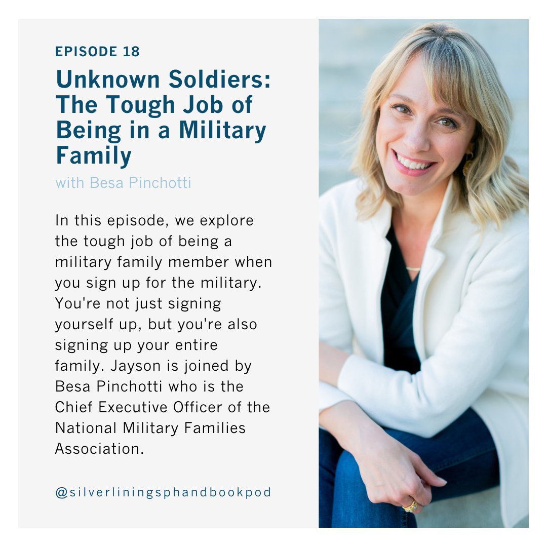 This week we have an awesome conversation with
@BesaPinchotti of the National
@military_family Association on the families that serve along with their loved ones, where things need to change and what we can all do Check it out!

silverliningshandbook.com/2023/05/30/epi…