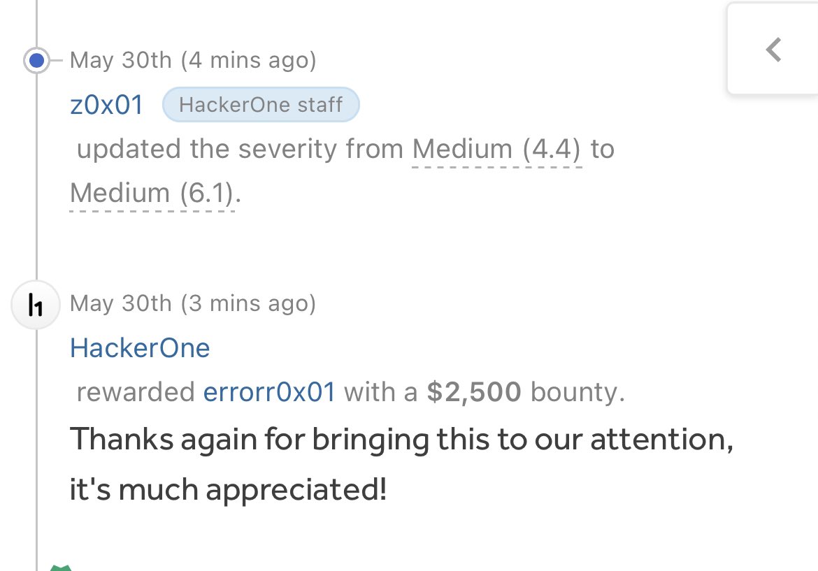 Yay, I was awarded a $2,500 bounty on @Hacker0x01! hackerone.com/errorr0x01 #TogetherWeHitHarder