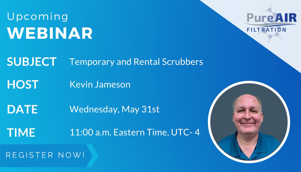 Webinar Alert!
PureAir's May webinar takes place tomorrow, May 31st at 11:00 a.m. EDT. Tune in to hear CEO Kevin Jameson discuss the benefits of using PureAir's temporary and rental scrubbers for odor control and toxic gas protection. 
Register: buff.ly/3VXKUNj 
#PureAir