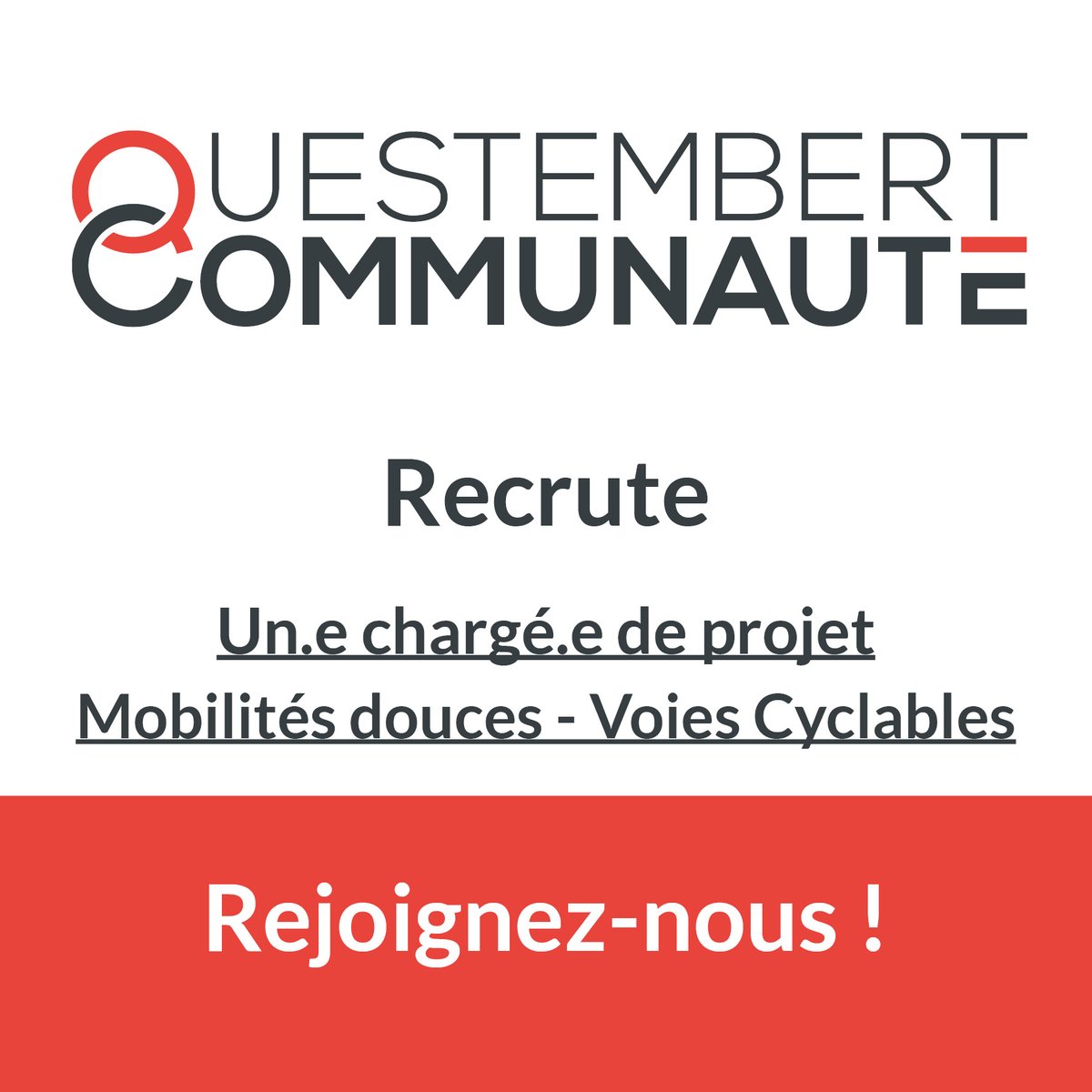 📣 #offredemploi | Rejoignez nous !
Questembert Communauté #recrute un.e Chargé.e de projet Mobilités douces - Voies Cyclables
👉 Retrouvez le détail de l'offre sur qc.bzh/recrutements

#Emploi #Morbihan