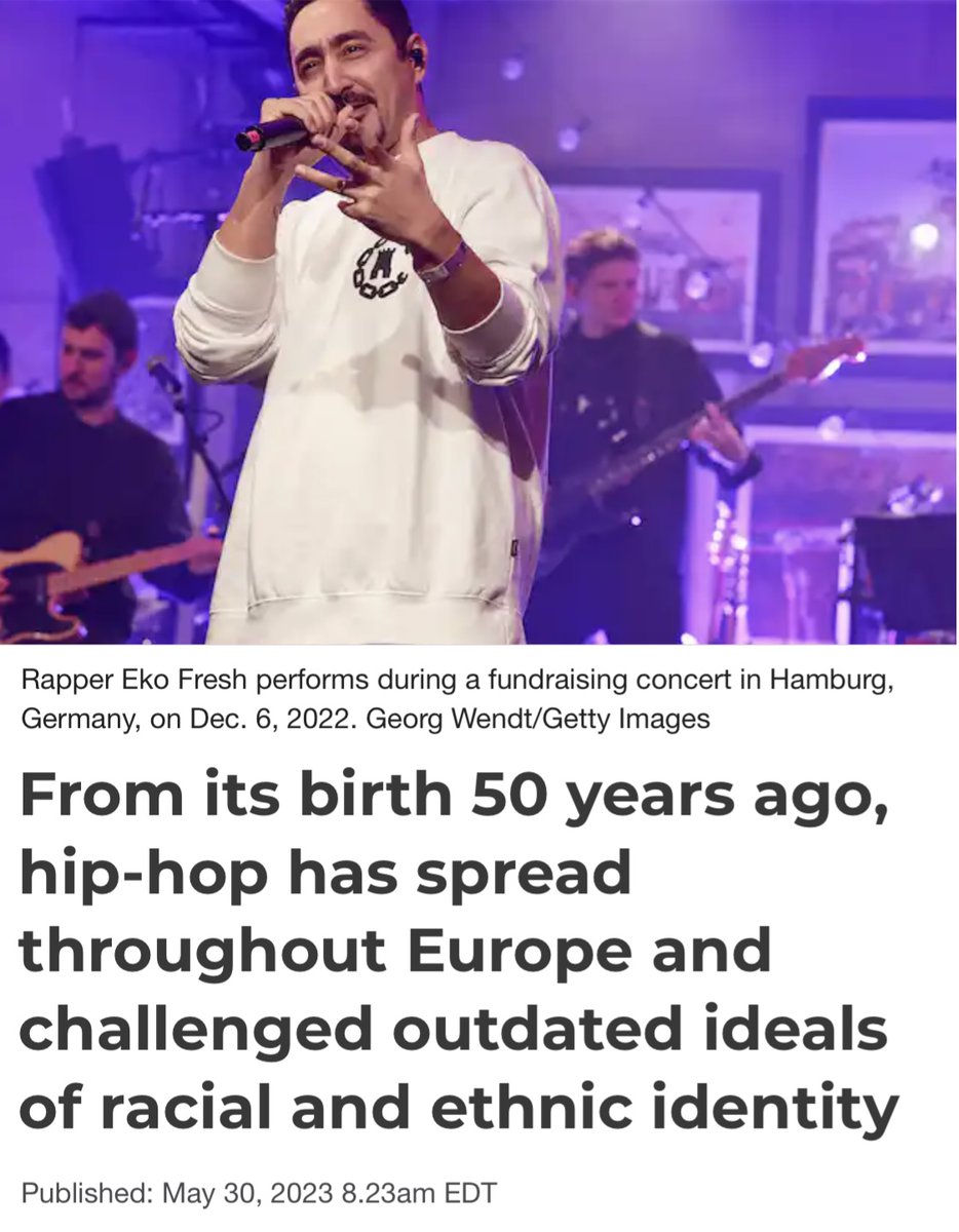 Immigrants are using rap to challenge Europe's 'outdated ideals of racial and ethnic identity'. By 'challenge' they mean erase millennia of European identity to accommodate them. 

Multiculturalism pits identities against each other leaving nobody happy or with a sense of home.🧵