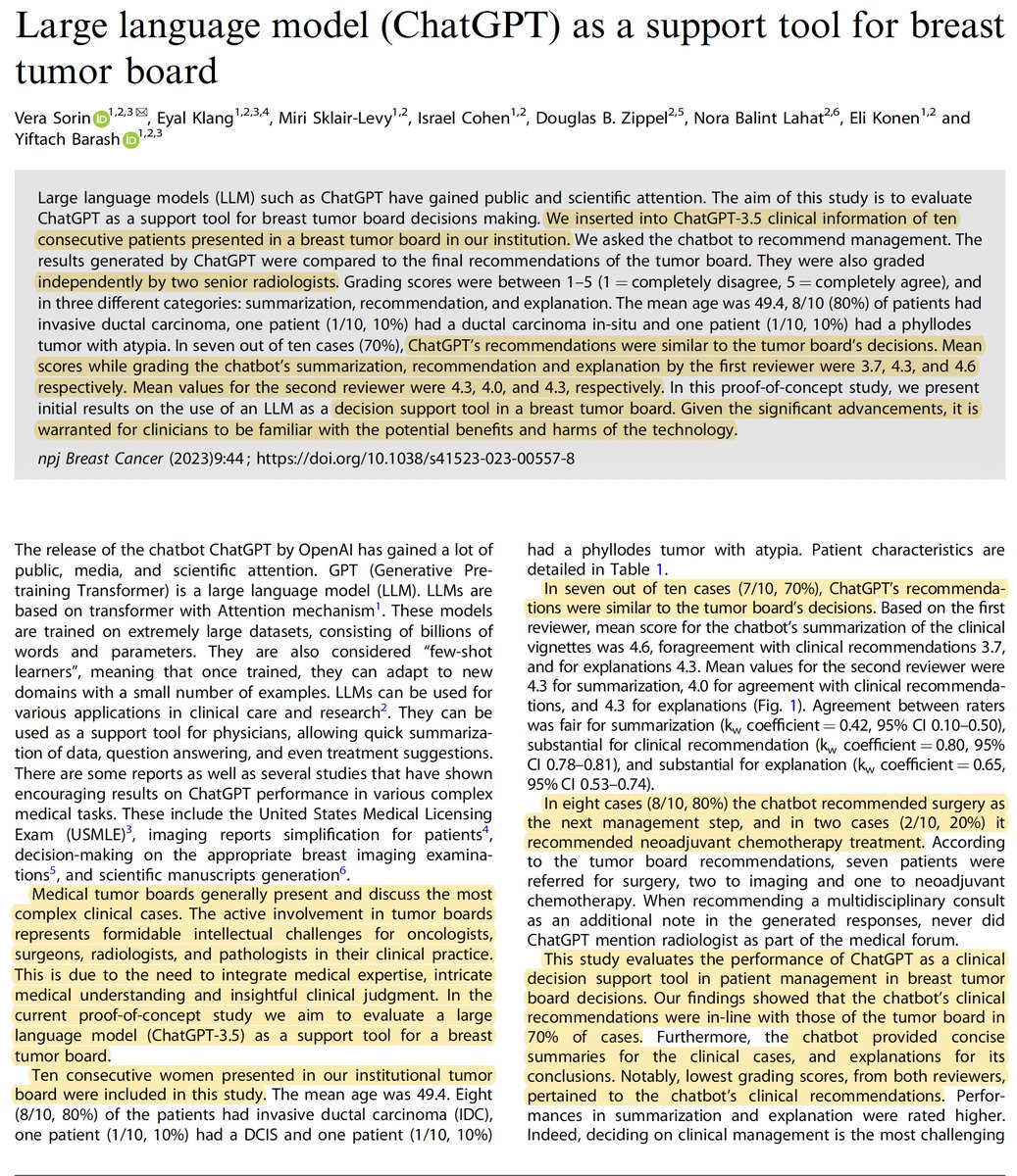 Medical tumor board assessment of a patient involves input, expertise &amp; clinical judgement from multiple physicians of different specialties. Here is the 1st proof -of-concept that LLMs (#ChatGPT) can provide similar results and support such complex tasks
nature.com/articles/s4152…