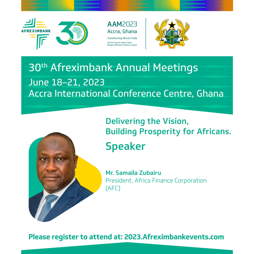 Another speaker we can’t wait to welcome at the #AAM2023, is Mr Samaila Zubairu, President, Africa Finance Corporation (AFC). The overarching theme will be, “Delivering the Vision, Building Prosperity for Africans.”.