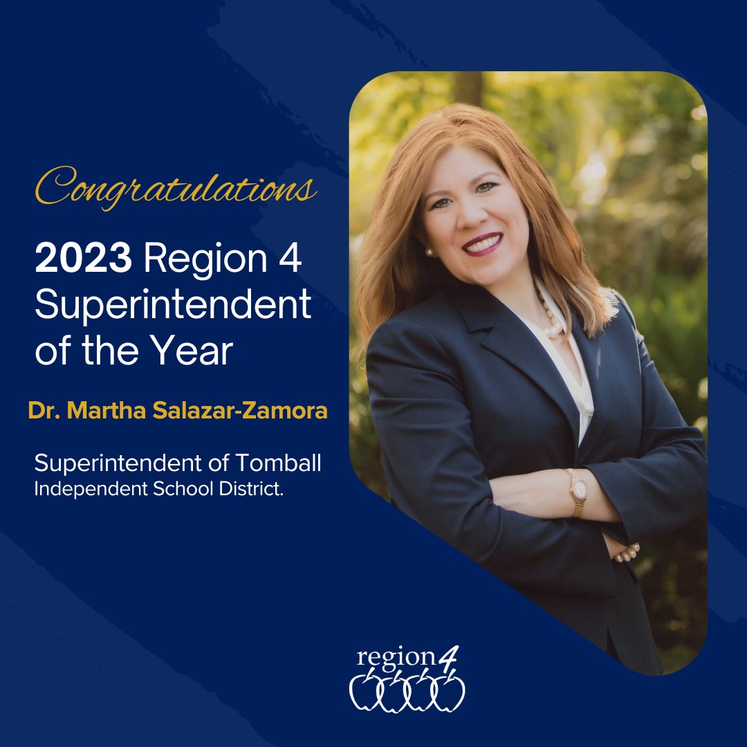 Region 4 ESC (@region4esc) on Twitter photo We are #R4Proud to announce the 2023 Region 4 Superintendent of the Year, Tomball ISD's <a href="/m_salazarzamora/">Dr. Martha SalazarZamora</a>!
Thank you for your exemplary leadership and support of the staff, teachers, and students of <a href="/TomballISD/">Tomball ISD</a>!
Best of luck at the <a href="/tasbnews/">Texas Association of School Boards</a> state competition! Full details: We are #R4Proud to announce the 2023 Region 4 Superintendent of the Year, Tomball ISD's <a href="/m_salazarzamora/">Dr. Martha SalazarZamora</a>!
Thank you for your exemplary leadership and support of the staff, teachers, and students of <a href="/TomballISD/">Tomball ISD</a>!
Best of luck at the <a href="/tasbnews/">Texas Association of School Boards</a> state competition! Full details: