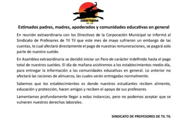 cgonzalezlucay's tweet photo. Qué grave lo que está pasando en Til Til. Los profesores sue fueron a paro porque a la Corporacion Municipal le embargaron el dinero destinado al pago de sueldos. https://t.co/QjXqVFiPM1