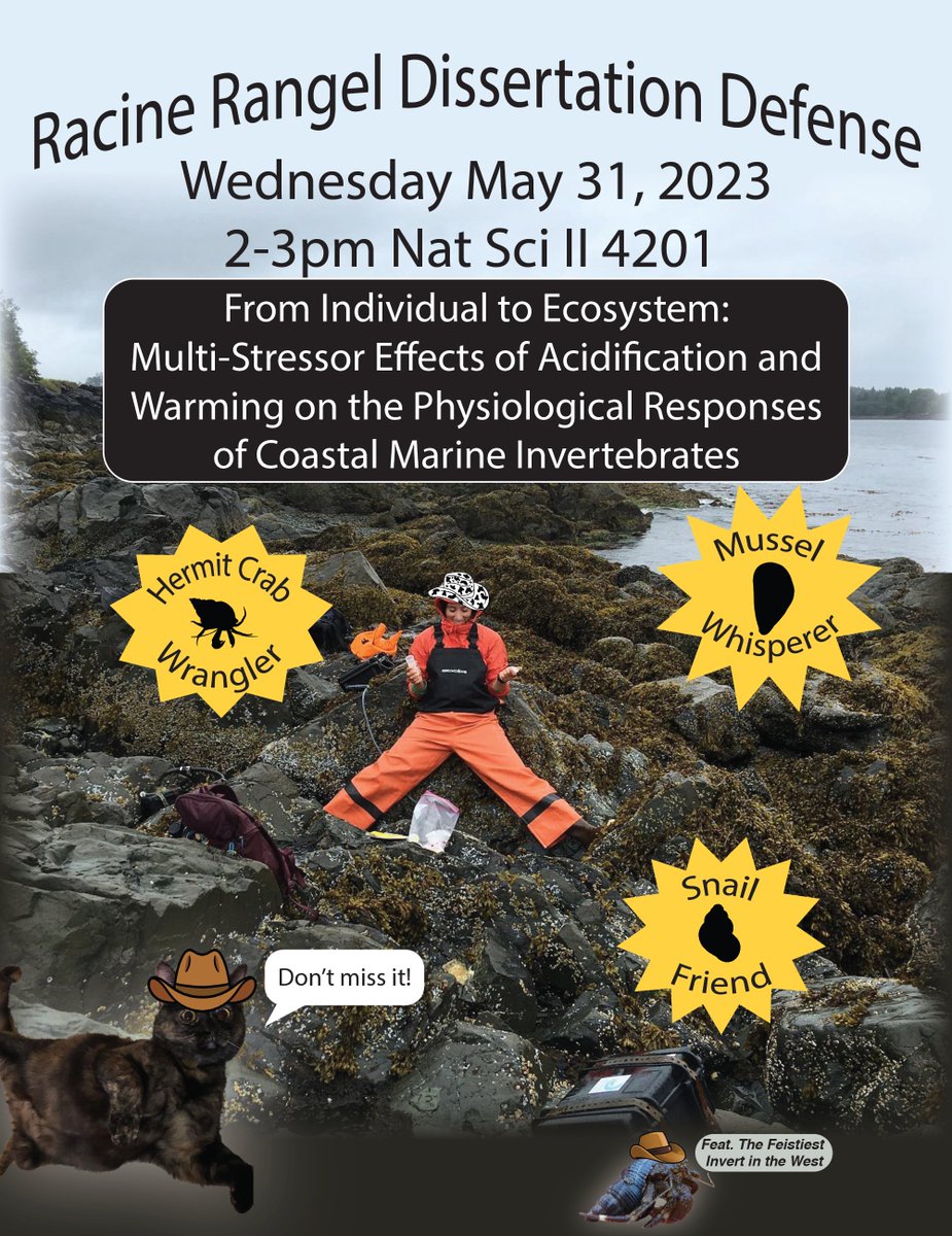 This Weds, <a href="/racine_rangel/">Racine E. Rangel, Ph.D.</a> will defend her dissertation on acidification and #ClimateChange impacts on coastal marine invertebrates - join us! May 31, 2-3pm, 4201 Nat Sci 2 <a href="/UCIrvine/">UC Irvine</a>