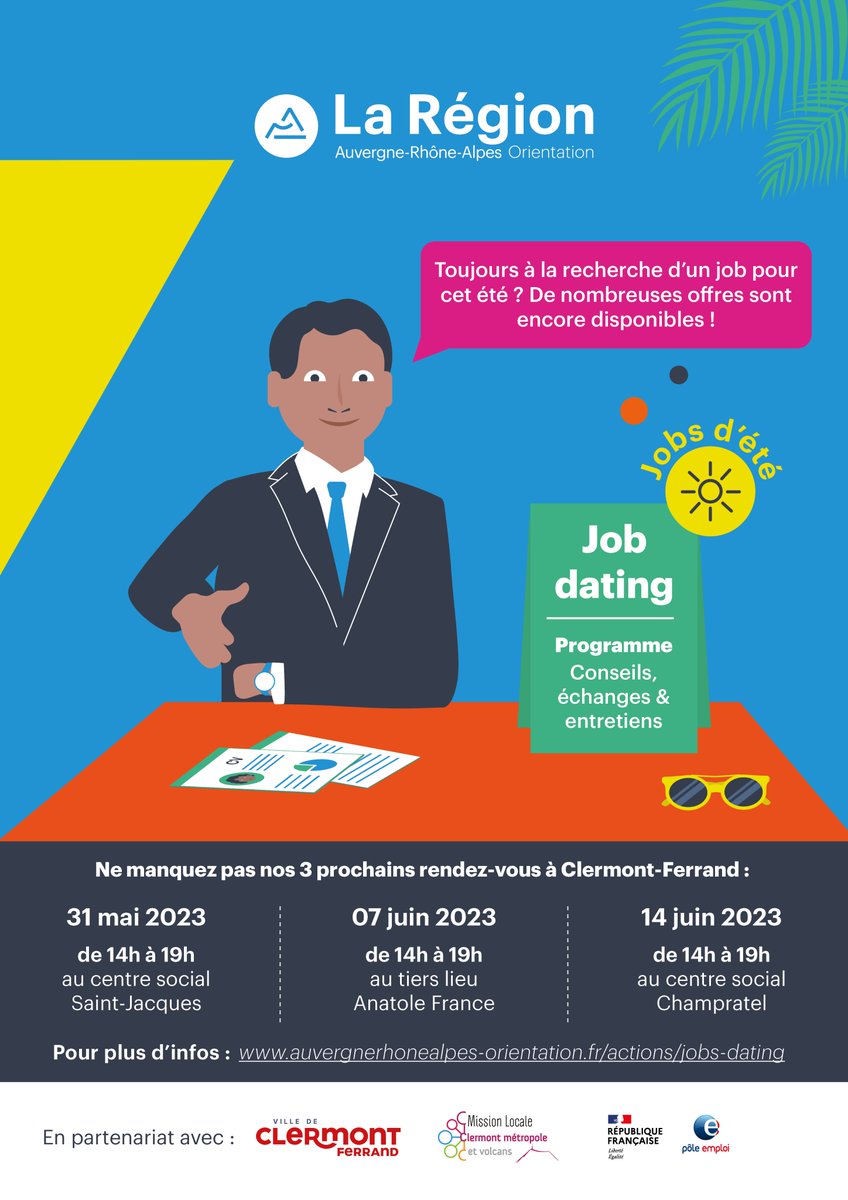 ⏰J-1 avant notre Job dating spécial retardataires !  

Venez trouver votre job d'été, demain, mercredi 31 mai, de 14h à 19h, au centre social Saint-Jacques à Clermont-Ferrand  

Toutes les infos ici ➡️ auvergnerhonealpes-orientation.fr/actions/jobs-d…