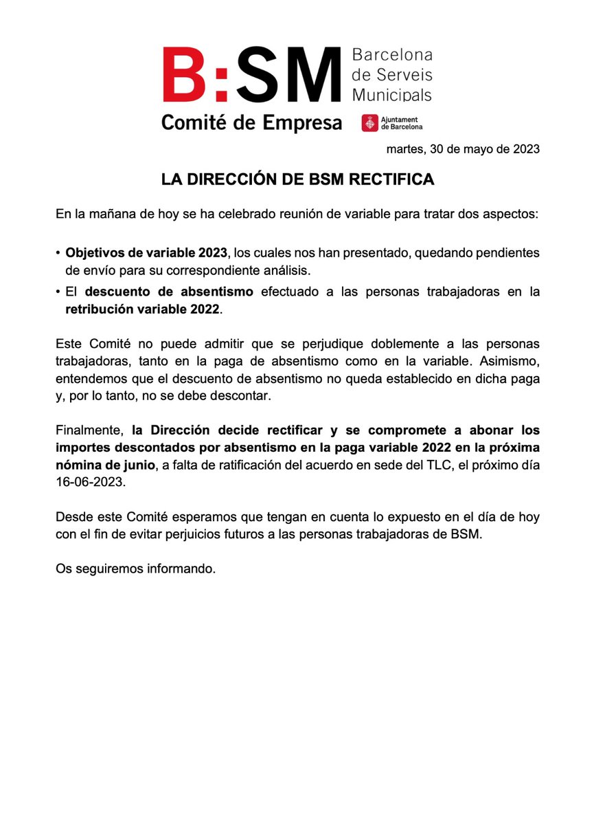 Información sobre la retribución variable y la penalización por absentismo. La Dirección de BSM rectifica y abonará las cantidades descontadas