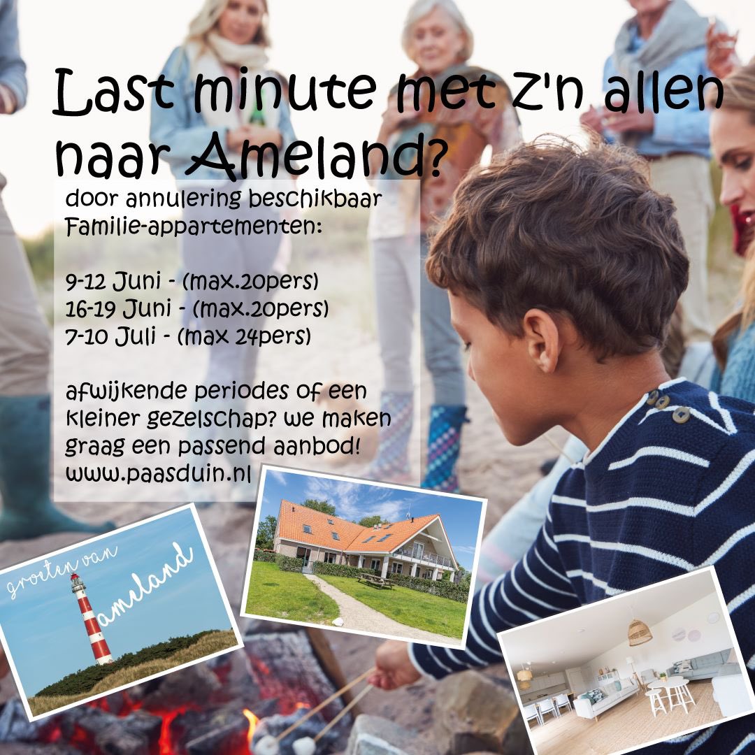 leokiewied's tweet image. Met de hele familie nog even naar Ameland?
Voorlopig de laatste 3 beschikbare weekenden!
Neem contact op of kijk op paasduin.nl
 #lastminutereis #ameland #waddeneiland #eilandgevoel #lasminute  #lastminutevakantie #familiedag #familytime #familievakantie #vakantie
