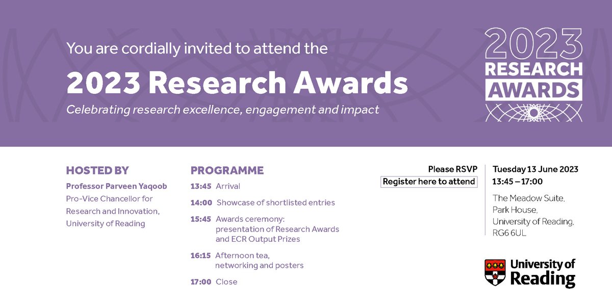 Connecting Research (@unirdg_research) on Twitter photo Invite for <a href="/UniofReading/">Uni of Reading</a> staff!
Join us for the 2023 Research Awards event on Tues 13 June from 1.45pm for a showcase of research that's going on across the Uni & to find out who this year's deserving winners are.
Plus there's afternoon tea 🍰☕️
RSVP: forms.office.com/e/0uyeUye0wp Invite for <a href="/UniofReading/">Uni of Reading</a> staff!
Join us for the 2023 Research Awards event on Tues 13 June from 1.45pm for a showcase of research that's going on across the Uni & to find out who this year's deserving winners are.
Plus there's afternoon tea 🍰☕️
RSVP: forms.office.com/e/0uyeUye0wp