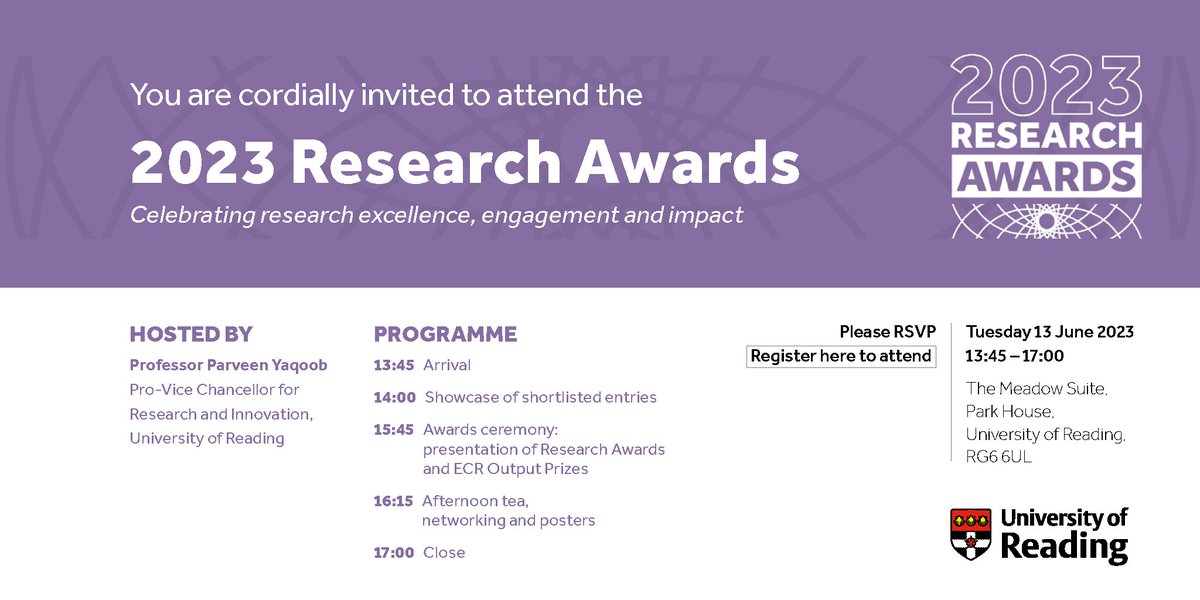 Invite for @UniofReading staff! Join us for the 2023 Research Awards event on Tues 13 June from 1.45pm for a showcase of research that's going on across the Uni & to find out who this year's deserving winners are. Plus there's afternoon tea 🍰☕️ RSVP: forms.office.com/e/0uyeUye0wp