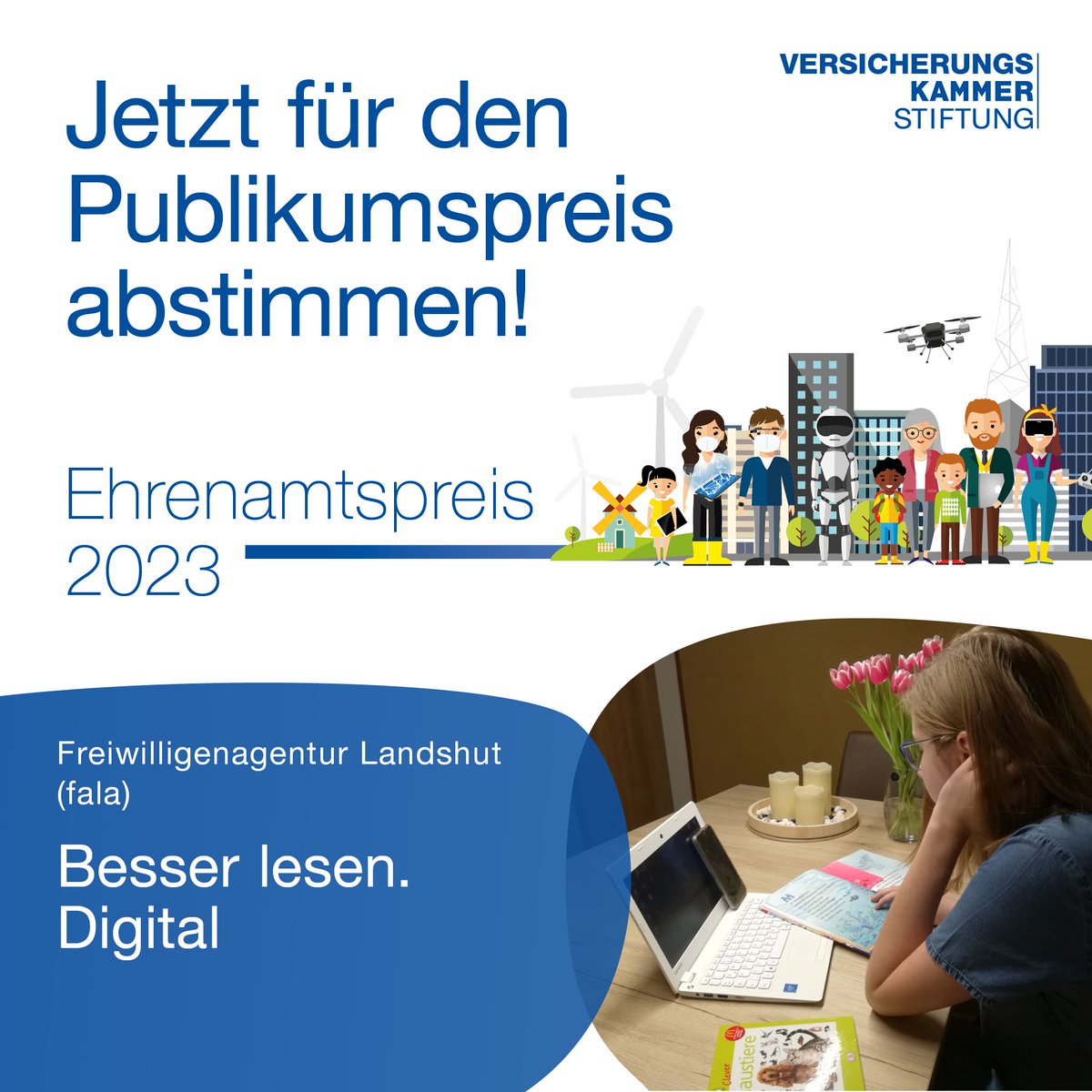 Bis zum 16. Juni 2023 können Sie für Ihren Favoriten abstimmen. Die drei Projekte mit den meisten Stimmen erhalten jeweils 1.000 Euro Preisgeld.  Stimmen Sie für das Projekt, das Ihnen am meisten am Herzen liegt. 👉
versicherungskammer-stiftung.de/preise/ehrenam…