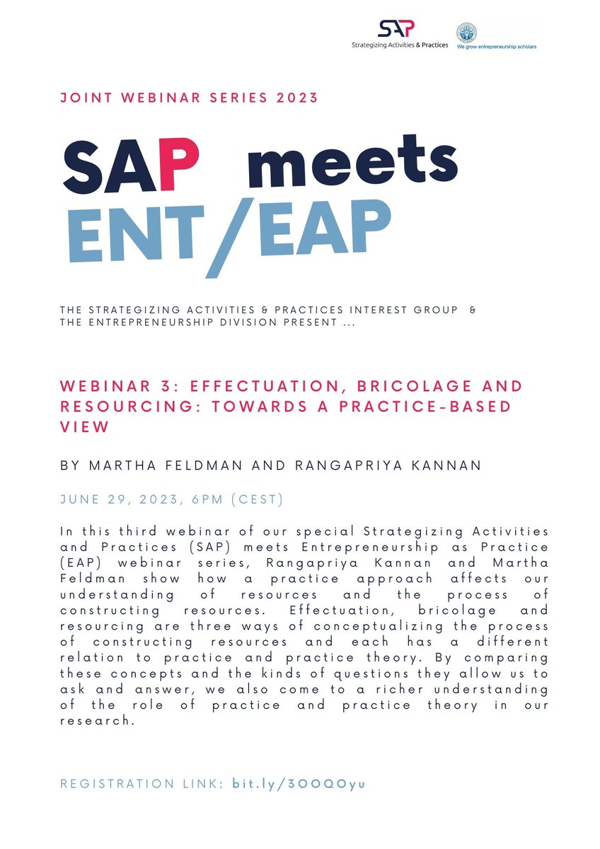 MilenaKLey's tweet photo. 📣📣Registration open - Webinar📣📣
Please join the third webinar of the @Strategizers meets @ENT_Div_AoM webinar series.
Martha Feldman and Rangapriya Kannan will take a practice-based view on "Effectuation, bricolage and resourcing".
Register here: https://t.co/fSsQHUIUxb https://t.co/m996fMUlk7
