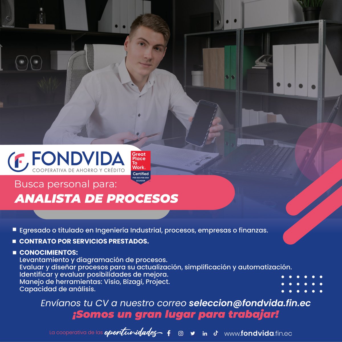 CoacFondvida's tweet photo. #BuscamosTuTalento 💪💯
✔️Analista de Procesos.👩💻📊
Ven a formar parte de nuestro excelente equipo de trabajo.👏
Envíanos tu hoja de vida a seleccion@fondvida.fin.ec✅
Somos la cooperativa de las oportunidades.🔵🟣
#Fondvida #cooperativa #empleo #solvencia #quito https://t.co/7TaqdETY1j