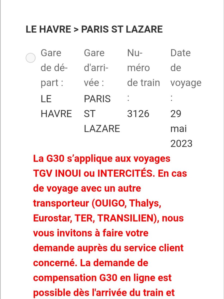 Chachatny's tweet photo. @train_nomad j'essaie de remplir une réclamation g30 pour le retard de mon train 3126, le havre>paris du 29/05 suite au retard d'1h20min mais impossible de sélectionner le trajet, comment faire ? https://t.co/UKQrZmRj8g