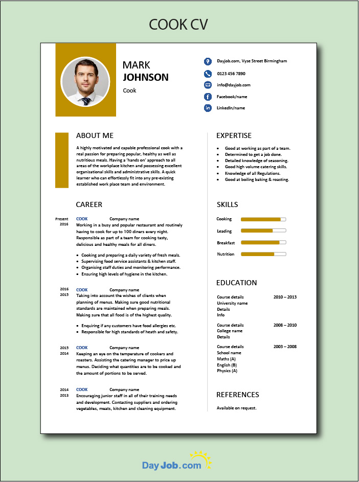 In a Cook CV show you are a capable professional who can work in a busy environment, cooking tasty, delicious, and healthy meals. 
You can get this Cook CV template for free here dayjob.com/free-cook-cv-t…. 
#cook #thecvcook #cookjobs #cookvacancy #restaurantjobs