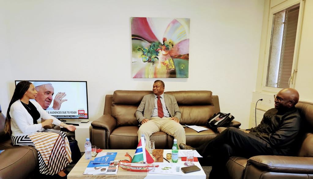 DrNenehS's tweet photo. It was a pleasure to have had the opportunity to engage with Honourable Minister Dr Samateh @MohGambia &amp; His Excellency Ambassador Kah @mkah in Geneva. Important discussions on driving the health agenda forward in The #Gambia 🇬🇲. #WHA76  #HealthForAll #DigitalHealth #UHC https://t.co/urp1Wuh0Wa