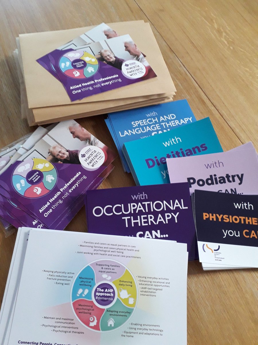 AHP resources all ready to share and mail out to highlight the contribution AHPs can make for people with dementia and their carers #DementiaAwarenessWeek #ahpconnectingpeople #onethingnoteverything @AhpDementia