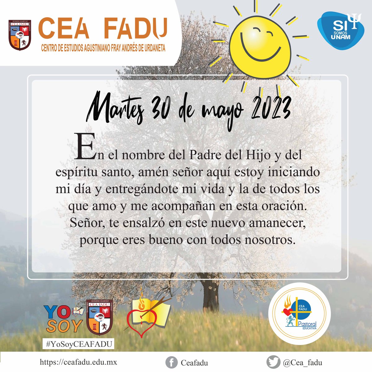 En el nombre del Padre del Hijo y del espíritu santo, amén señor aquí estoy iniciando mi día y entregándote mi vida y la de todos los que amo y me acompañan en esta oración.
#YoSoyCEAFADU
#todossomosceafadu
#Oración
#oraciondeldia