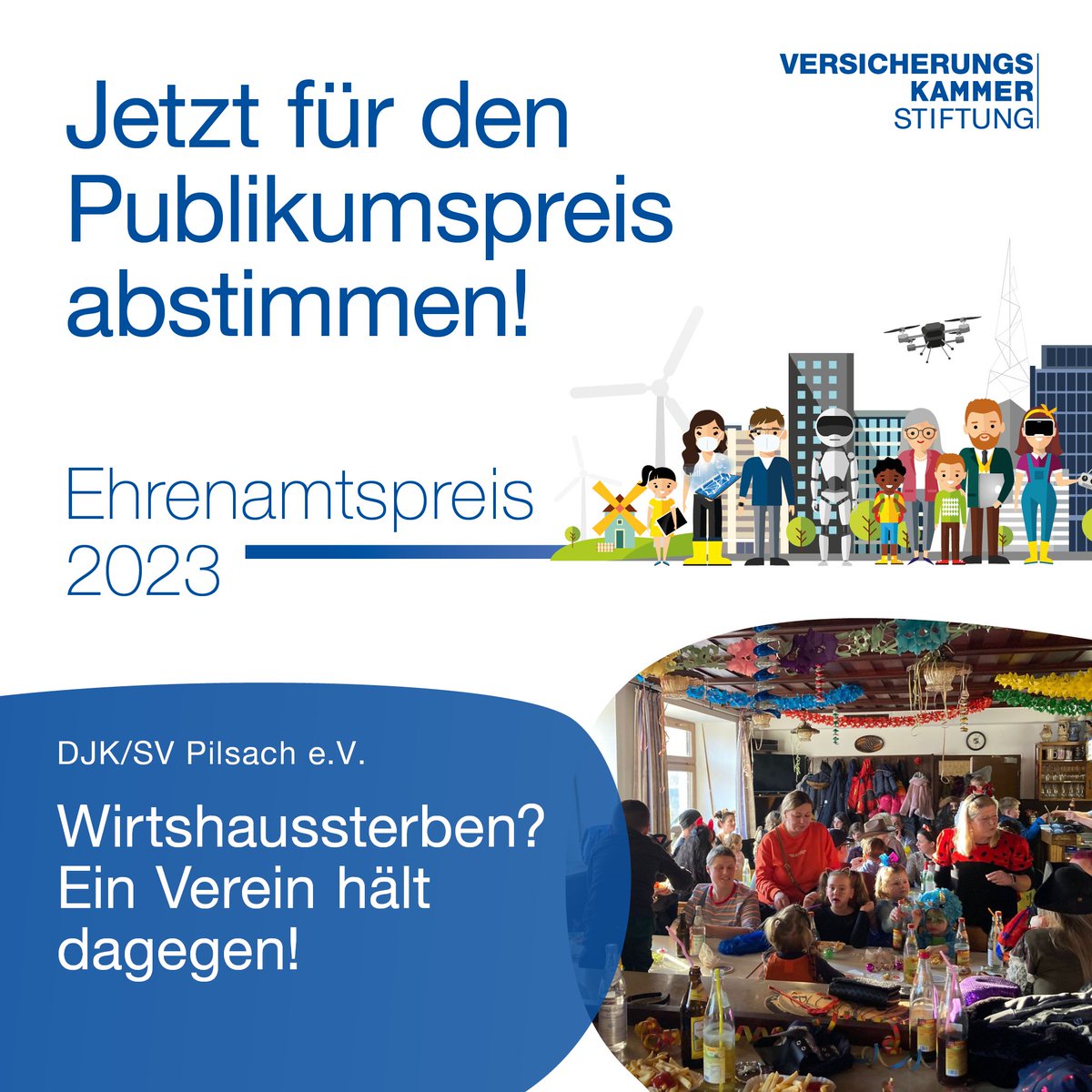 Bis zum 16. Juni 2023 können Sie für Ihren Favoriten abstimmen. Die drei Projekte mit den meisten Stimmen erhalten jeweils 1.000 Euro Preisgeld. 
Stimmen Sie für das Projekt, das Ihnen am meisten am Herzen liegt. 👉
versicherungskammer-stiftung.de/preise/ehrenam…