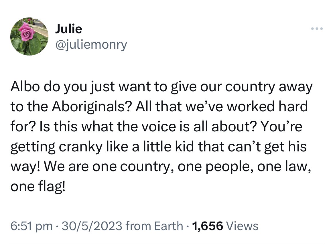 So much to unwrap here The self-entitlement, the racism, the rage, the ignorance & the puerile disregard of others. Albo is not ‘giving’ anything away. He is returning the right of place & dignity to those who have been dispossessed, ignored, abused & hated. Do better, human👇🏻