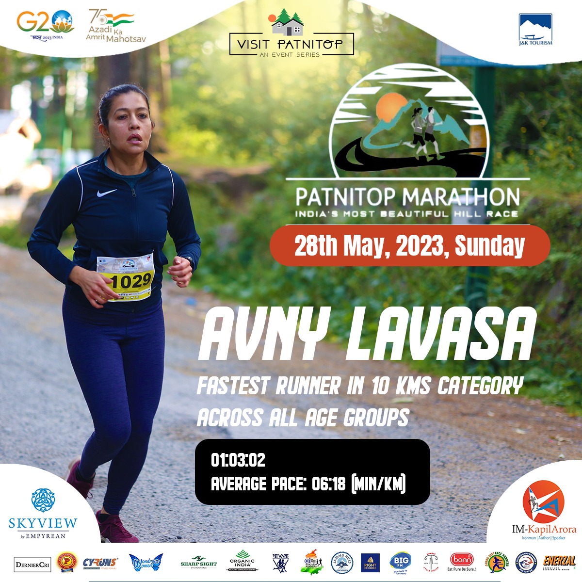 Thakur Sher Singh (@thakurss111) on Twitter photo Madam <a href="/AvnyLavasa/">Avny Lavasa</a>, IAS, @dcjammuofficial was the fastest finisher of #PatnitopMarathon, held on 28th May, 2023, in 10 kms category across all age groups. She is an inspiration for all and has set some serious fitness goals for everyone.
#VisitPatnitop
#AmazingJammu Madam <a href="/AvnyLavasa/">Avny Lavasa</a>, IAS, @dcjammuofficial was the fastest finisher of #PatnitopMarathon, held on 28th May, 2023, in 10 kms category across all age groups. She is an inspiration for all and has set some serious fitness goals for everyone.
#VisitPatnitop
#AmazingJammu