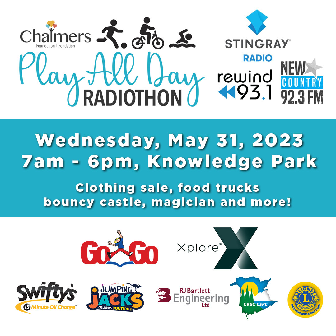 The 10th annual Radiothon: Play All Day is tomorrow, May 31st at <a href="/KnowledgeParkNB/">Knowledge Park</a>! We'll be live on Stingray Stations @rewind931 &amp; @newcountry923 7am - 6pm raising money for pediatric programs! Food trucks, bouncy castle &amp; more! Donate today: chalmersfoundation.com/donate