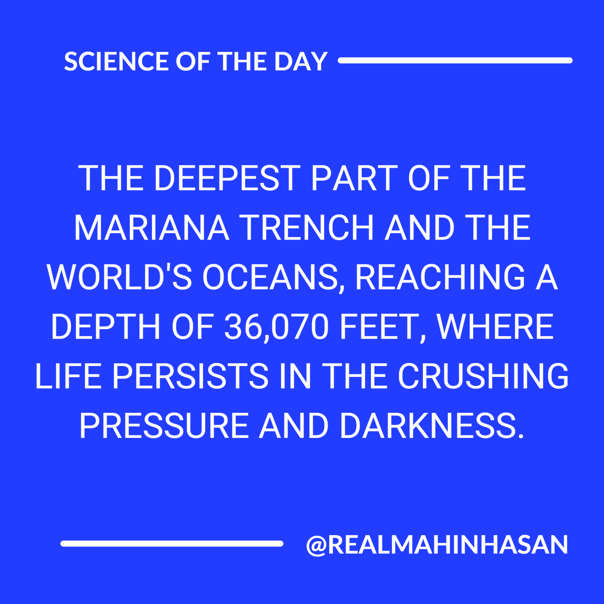 The deepest part of the ocean is the Challenger Deep in the Mariana Trench, at 36,070 feet!  #OceanExploration #MarianaTrench